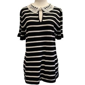 Karl Lagerfeld Black & White Striped Short Sleeved Sweater w/Lace Collar M